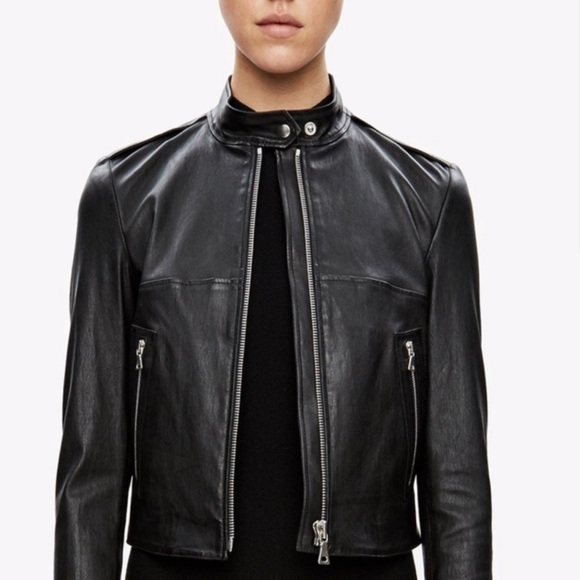 Theory Jackets & Blazers - Theory Collarless Leather Crop Biker Jacket